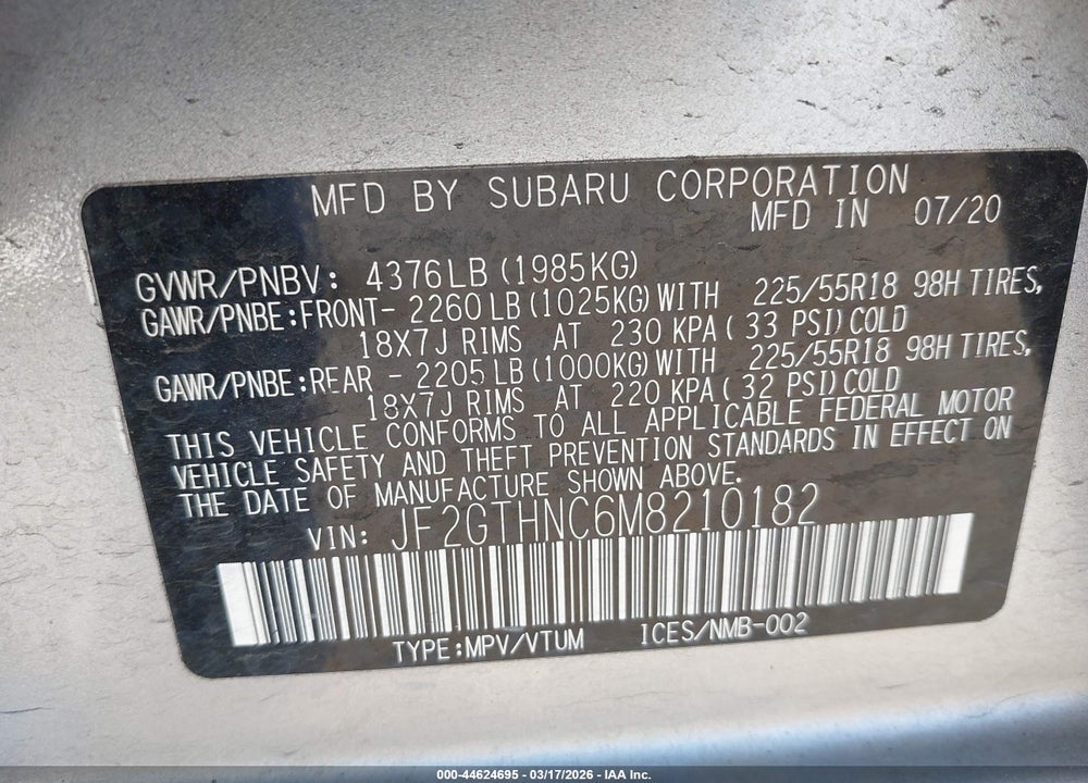 2021 SUBARU CROSSTREK LIMITED VIN: JF2GTHNC6M8210182