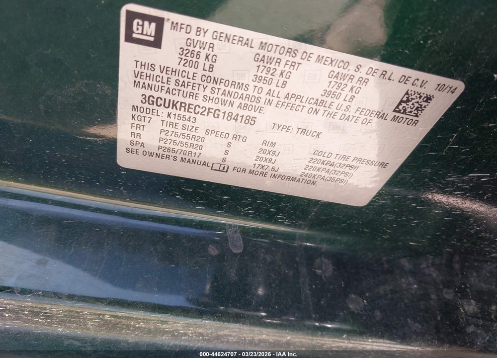 2015 CHEVROLET SILVERADO 1500 1LT VIN: 3GCUKREC2FG184185