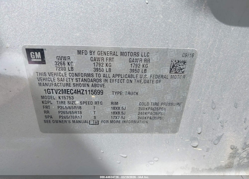 2017 GMC SIERRA K1500 SLE VIN: 1GTV2MEC4HZ115699