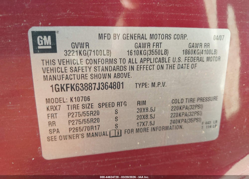 2007 GMC YUKON DENALI VIN: 1GKFK63887J364801
