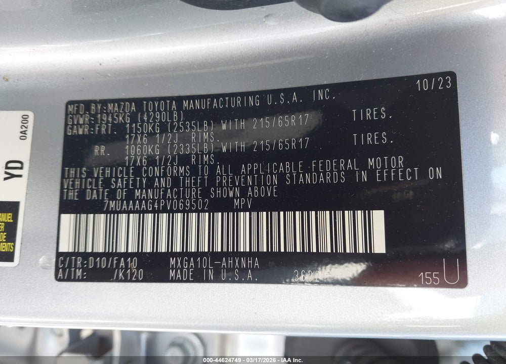 2023 TOYOTA COROLLA CROSS L VIN: 7MUAAAAG4PV069502