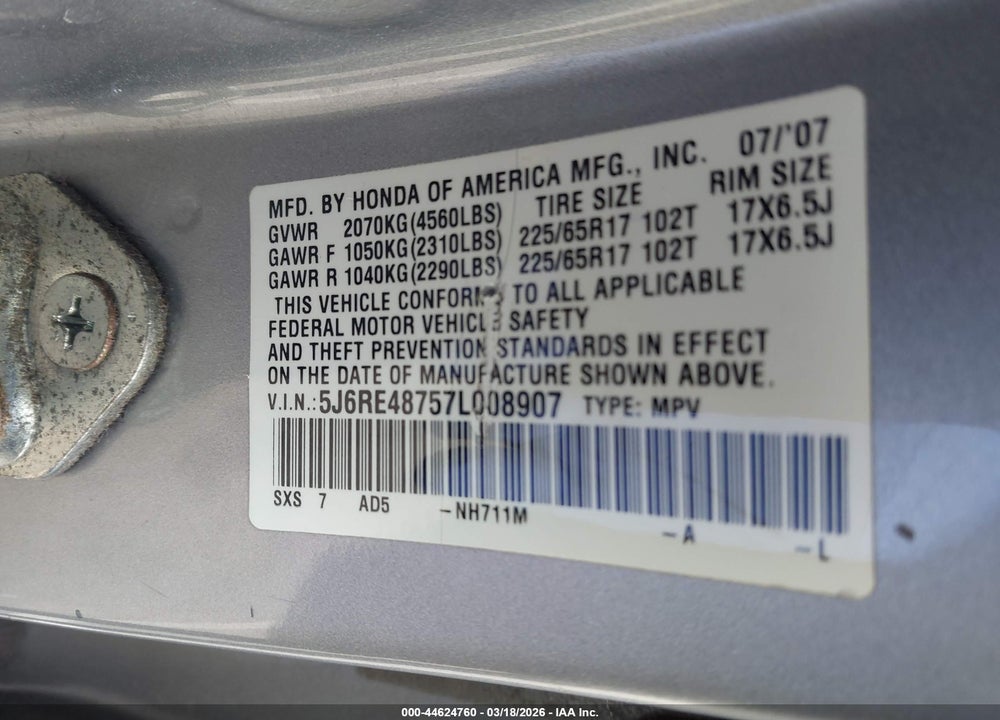 2007 HONDA CR-V EX-L VIN: 5J6RE48757L008907
