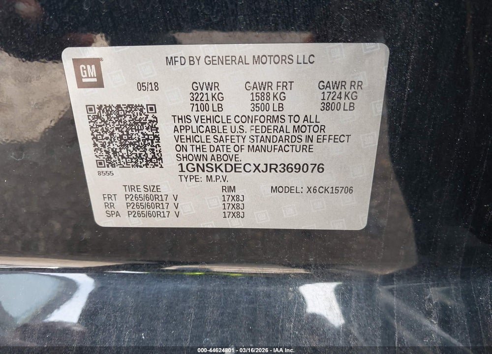 2018 CHEVROLET TAHOE COMMERCIAL FLEET VIN: 1GNSKDECXJR369076