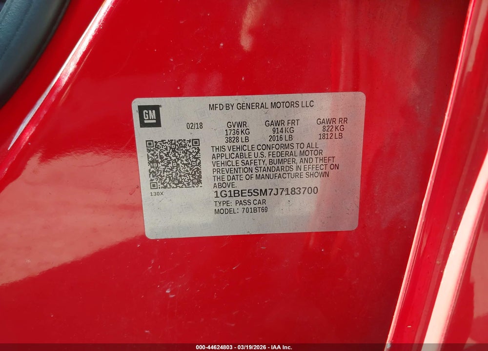 2018 CHEVROLET CRUZE LT AUTO VIN: 1G1BE5SM7J7183700