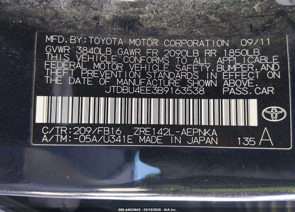 2011 TOYOTA COROLLA LE VIN: JTDBU4EE3B9163538
