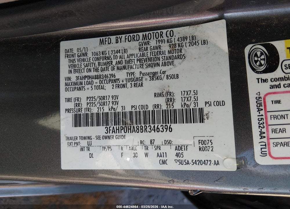2011 FORD FUSION SE VIN: 3FAHP0HA8BR346396