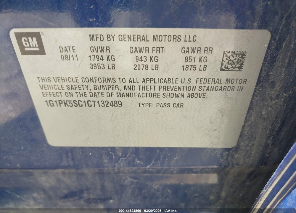 2012 CHEVROLET CRUZE ECO VIN: 1G1PK5SC1C7132489