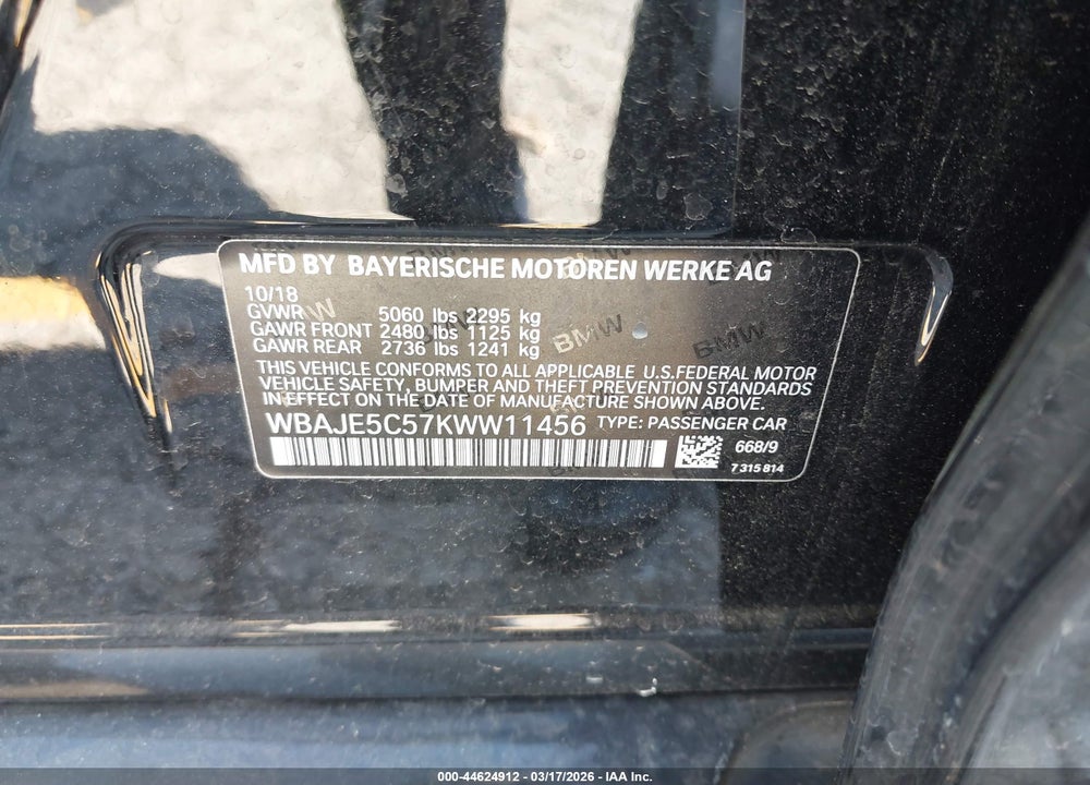 2019 BMW 540I VIN: WBAJE5C57KWW11456
