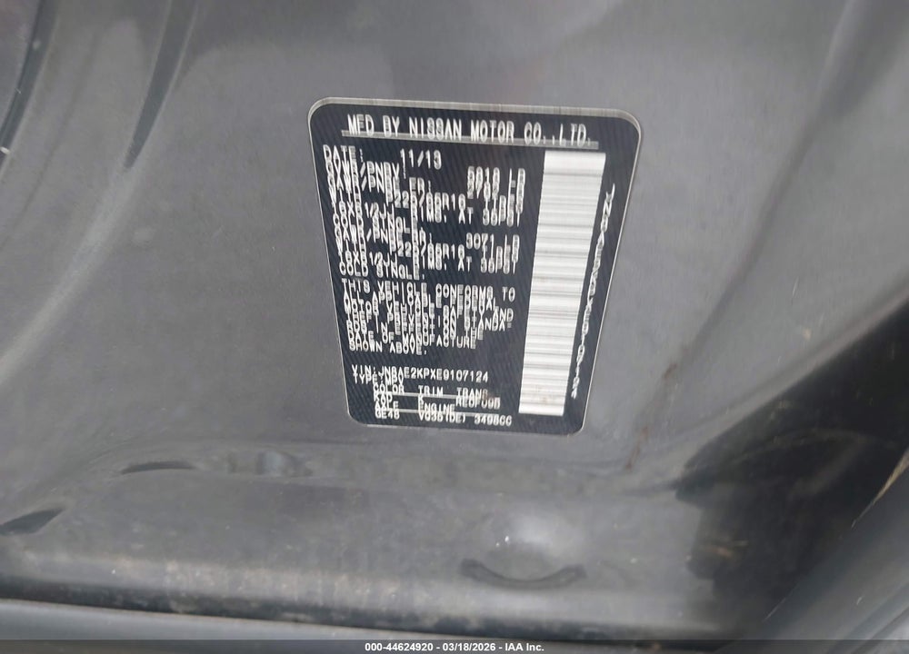 2014 NISSAN QUEST S VIN: JN8AE2KPXE9107124