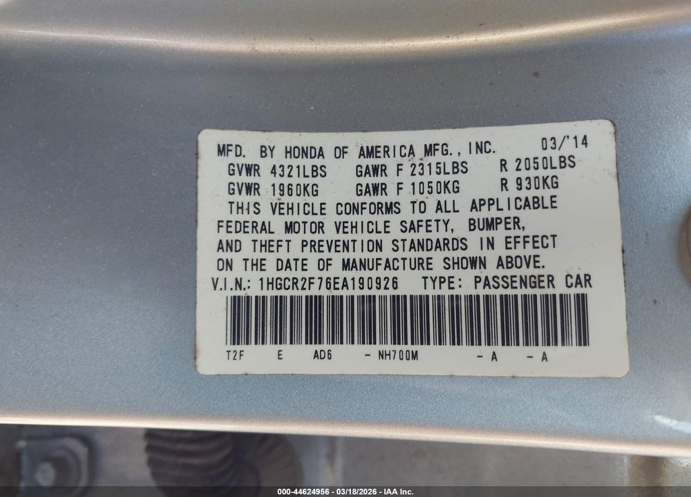 2014 HONDA ACCORD EX VIN: 1HGCR2F76EA190926