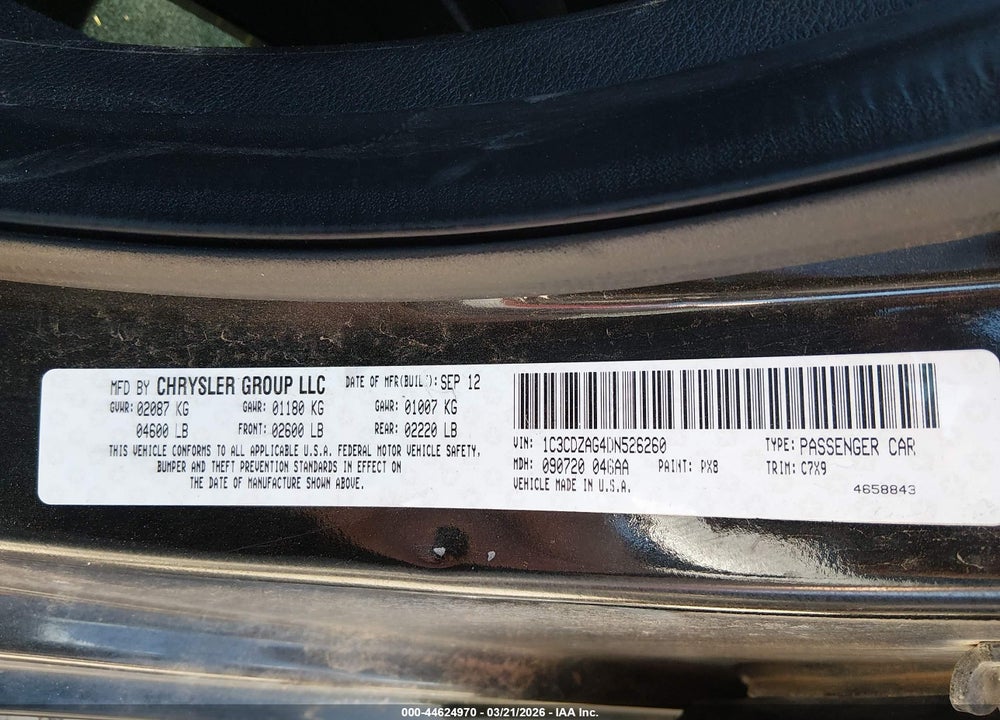 2013 DODGE AVENGER SE V6 VIN: 1C3CDZAG4DN526260