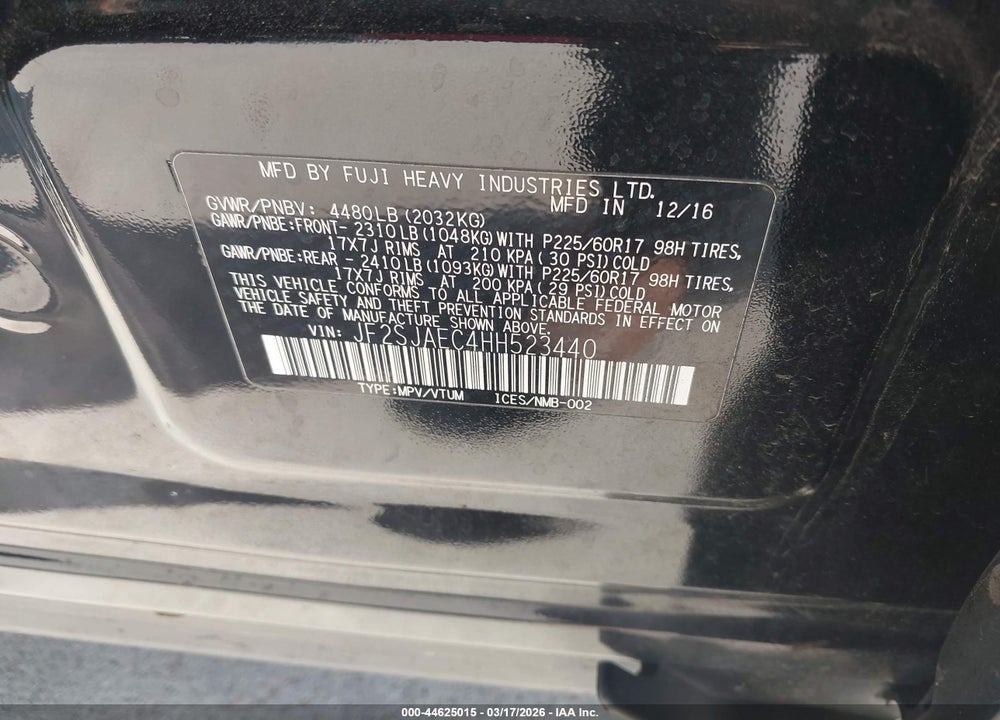 2017 SUBARU FORESTER 2.5I PREMIUM VIN: JF2SJAEC4HH523440