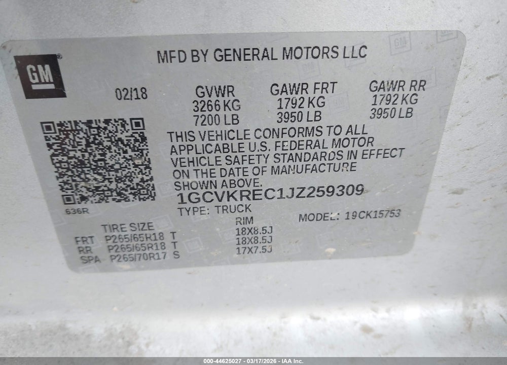 2018 CHEVROLET SILVERADO 1500 1LT VIN: 1GCVKREC1JZ259309