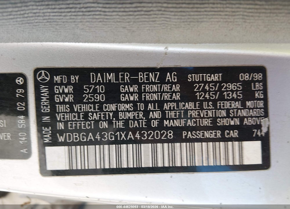 1999 MERCEDES-BENZ S 420 VIN: WDBGA43G1XA432028