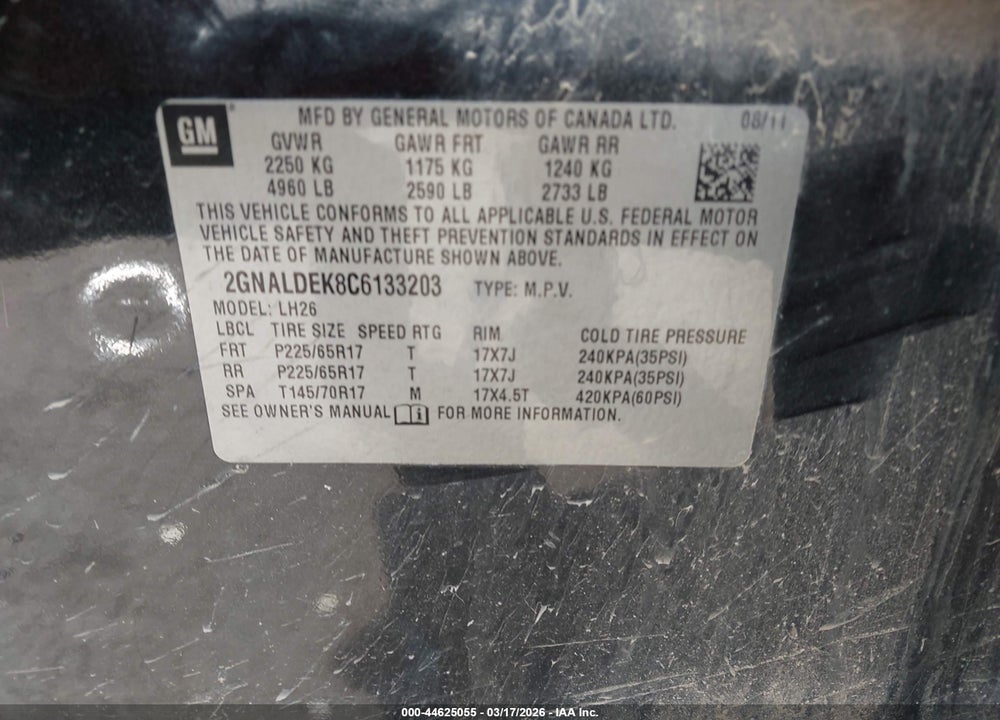 2012 CHEVROLET EQUINOX 1LT VIN: 2GNALDEK8C6133203
