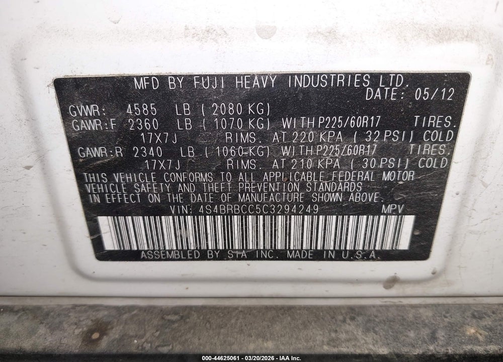 2012 SUBARU OUTBACK 2.5I PREMIUM VIN: 4S4BRBCC5C3294249
