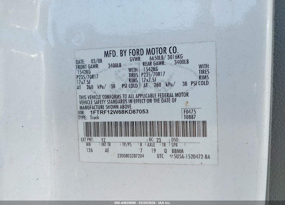2008 FORD F-150 FX2/STX/XL/XLT VIN: 1FTRF12W68KD87053