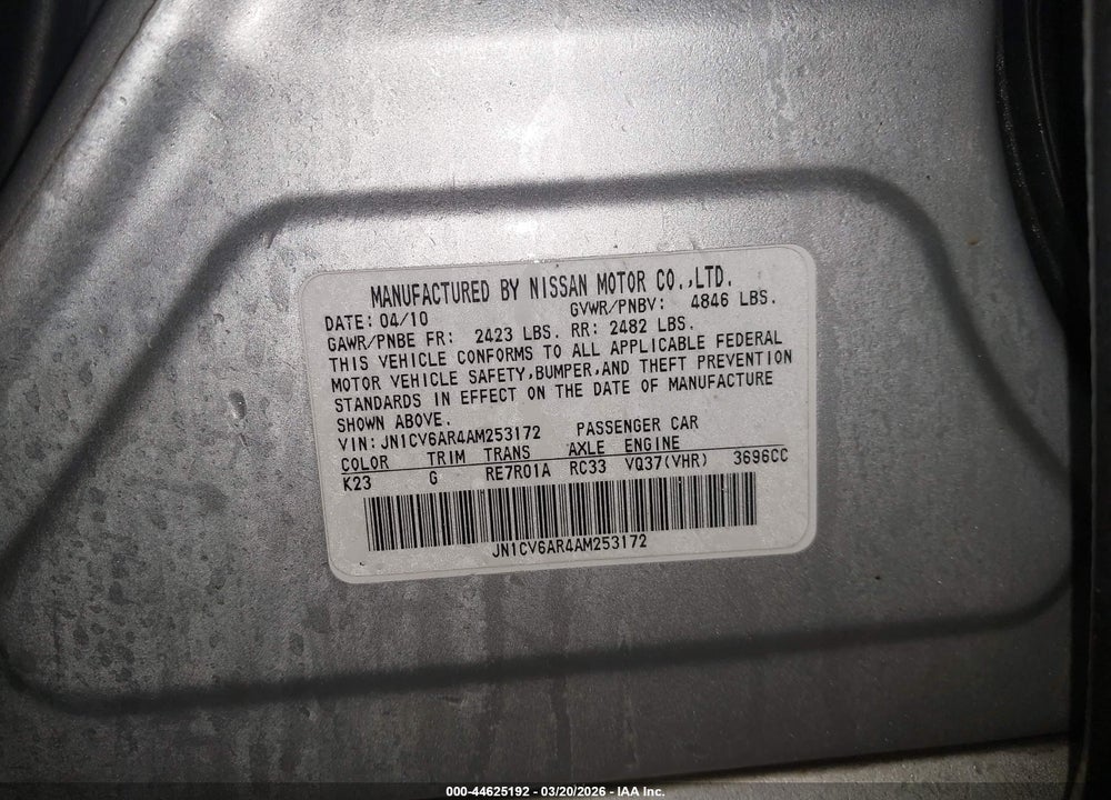 2010 INFINITI G37X VIN: JN1CV6AR4AM253172