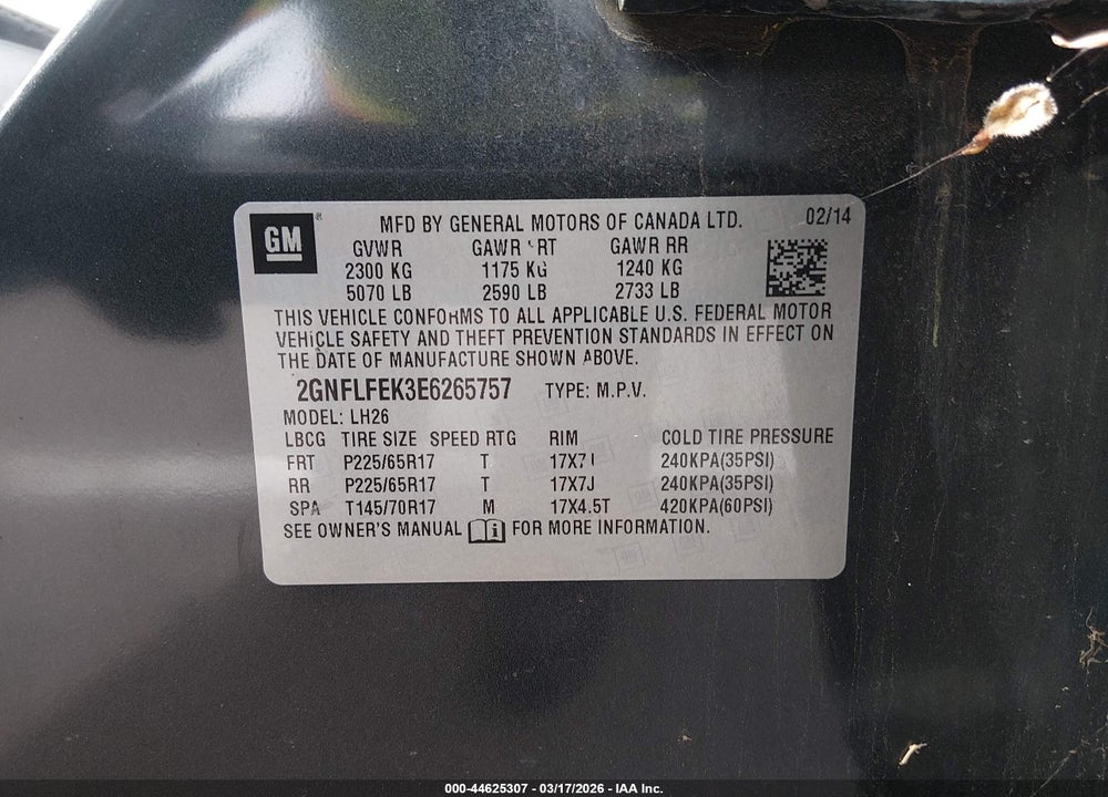 2014 CHEVROLET EQUINOX LT VIN: 2GNFLFEK3E6265757
