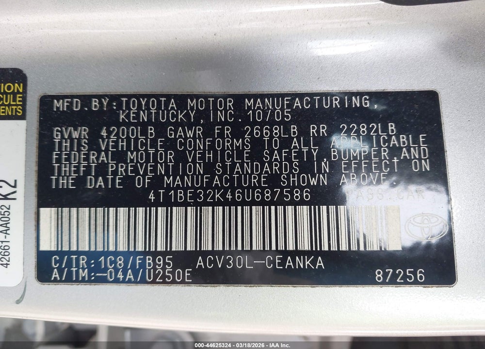 2006 TOYOTA CAMRY LE VIN: 4T1BE32K46U687586