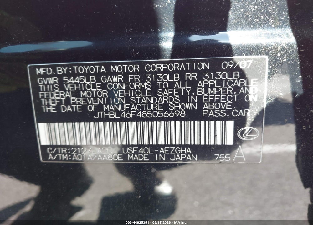 2008 LEXUS LS 460 VIN: JTHBL46F485056698