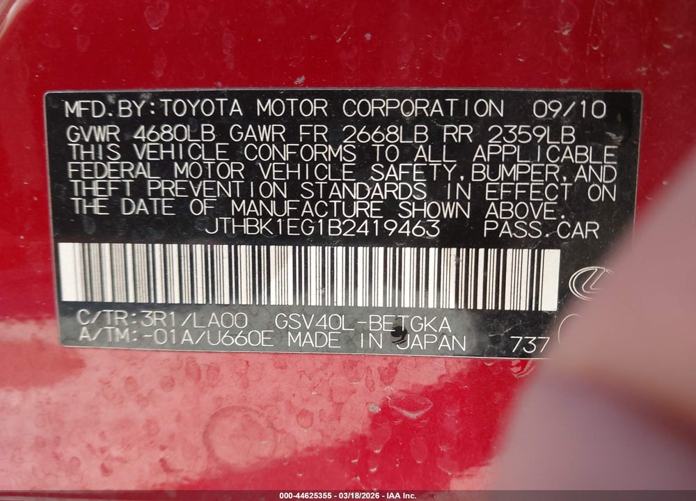 2011 LEXUS ES 350 VIN: JTHBK1EG1B2419463
