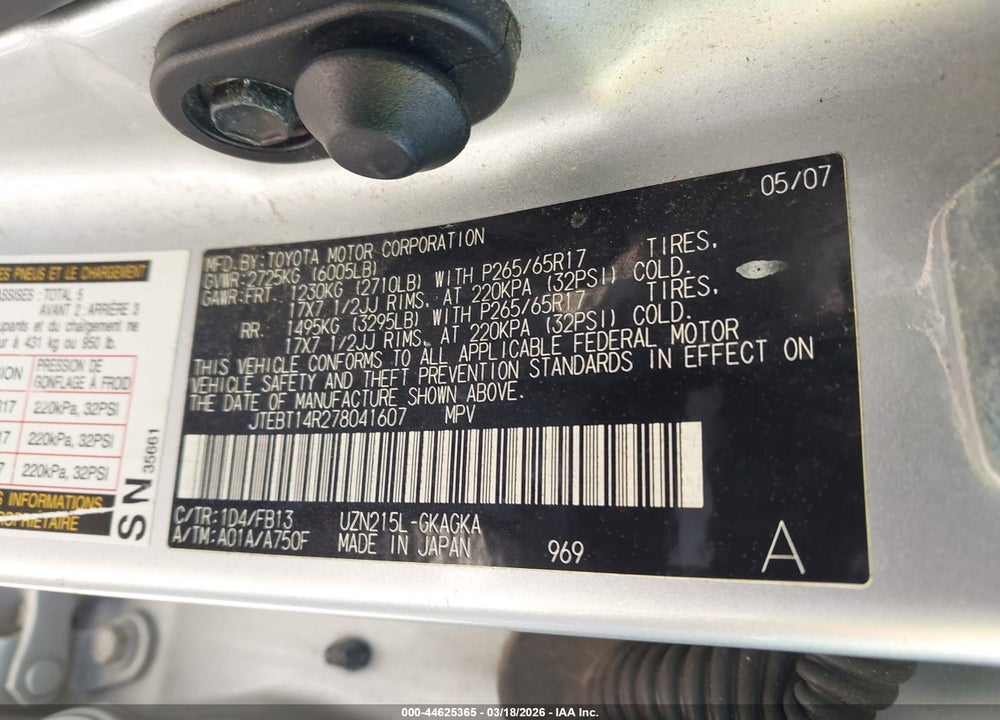 2007 TOYOTA 4RUNNER SPORT V8 VIN: JTEBT14R278041607