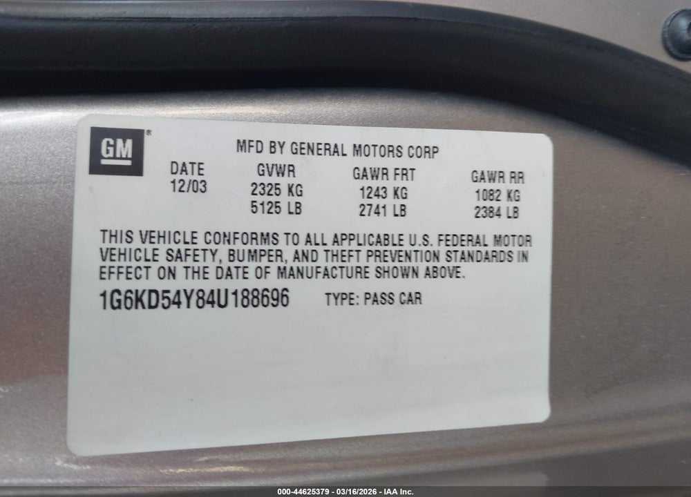 2004 CADILLAC DEVILLE STANDARD VIN: 1G6KD54Y84U188696
