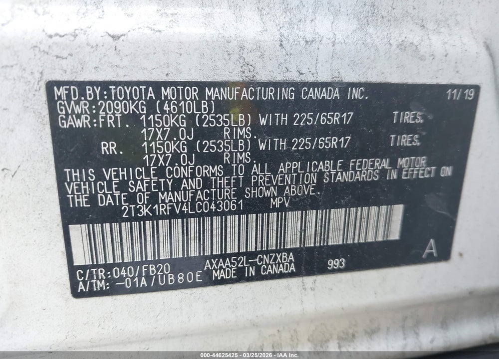 2020 TOYOTA RAV4 LE VIN: 2T3K1RFV4LC043061