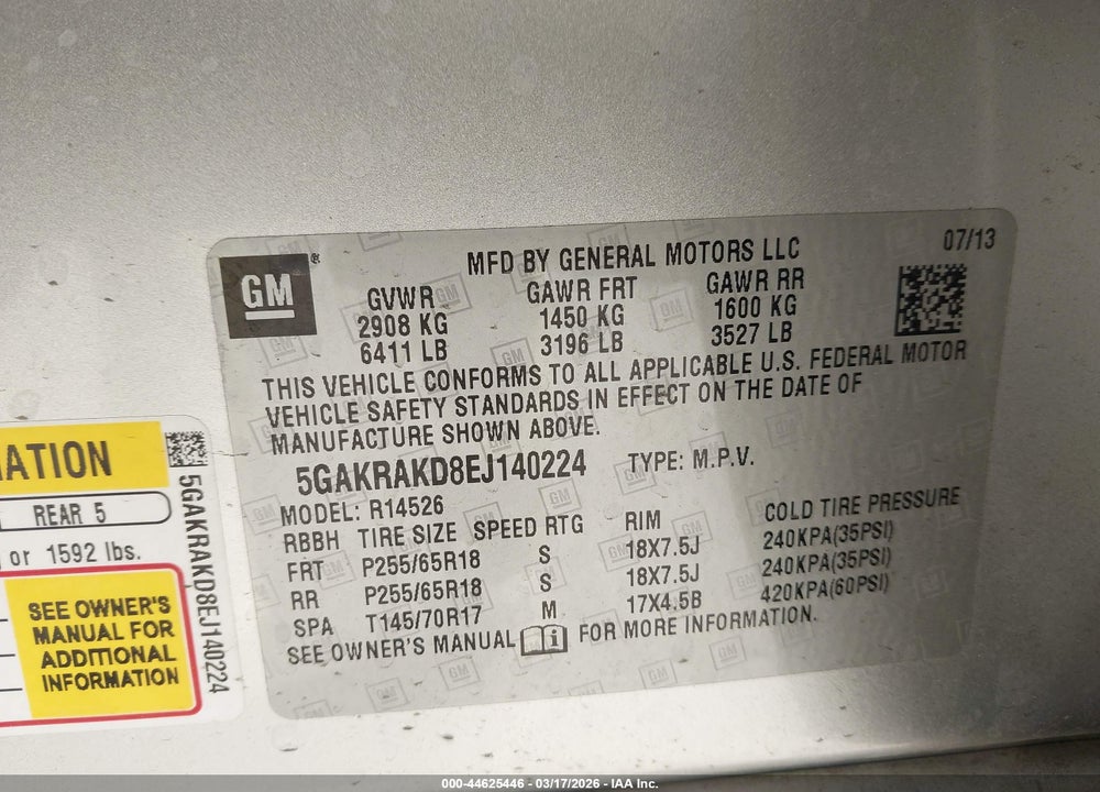 2014 BUICK ENCLAVE CONVENIENCE VIN: 5GAKRAKD8EJ140224