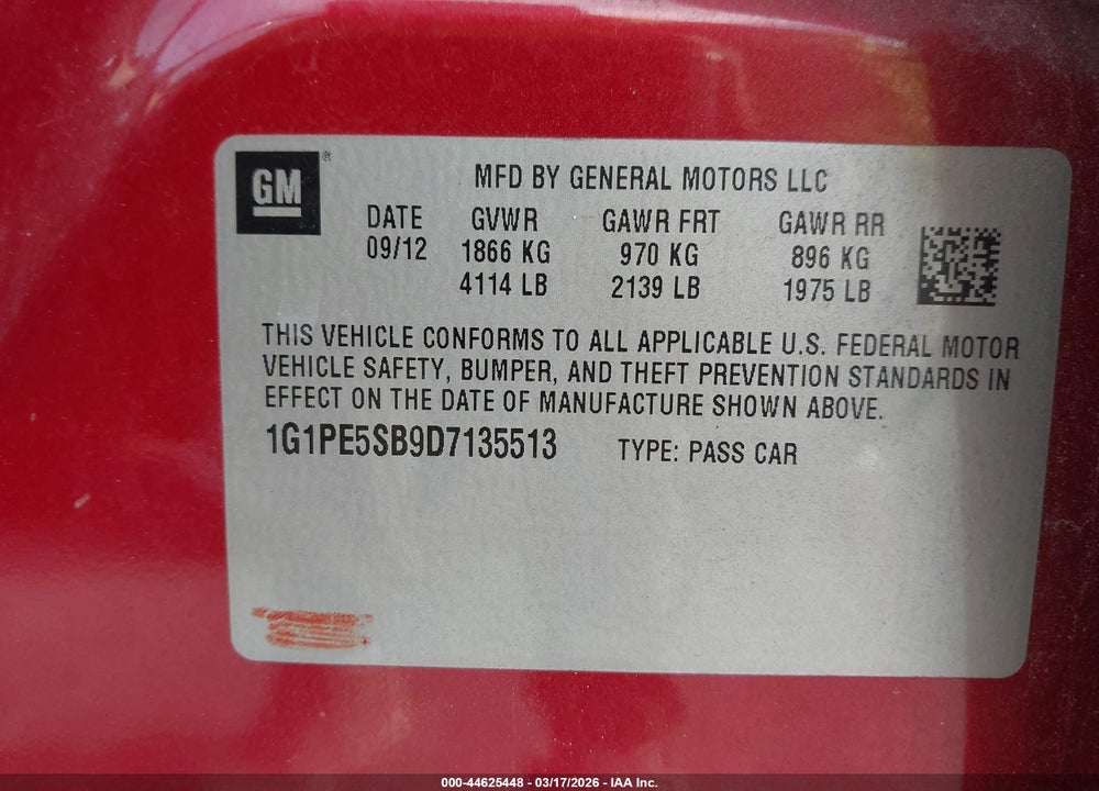 2013 CHEVROLET CRUZE 2LT AUTO VIN: 1G1PE5SB9D7135513