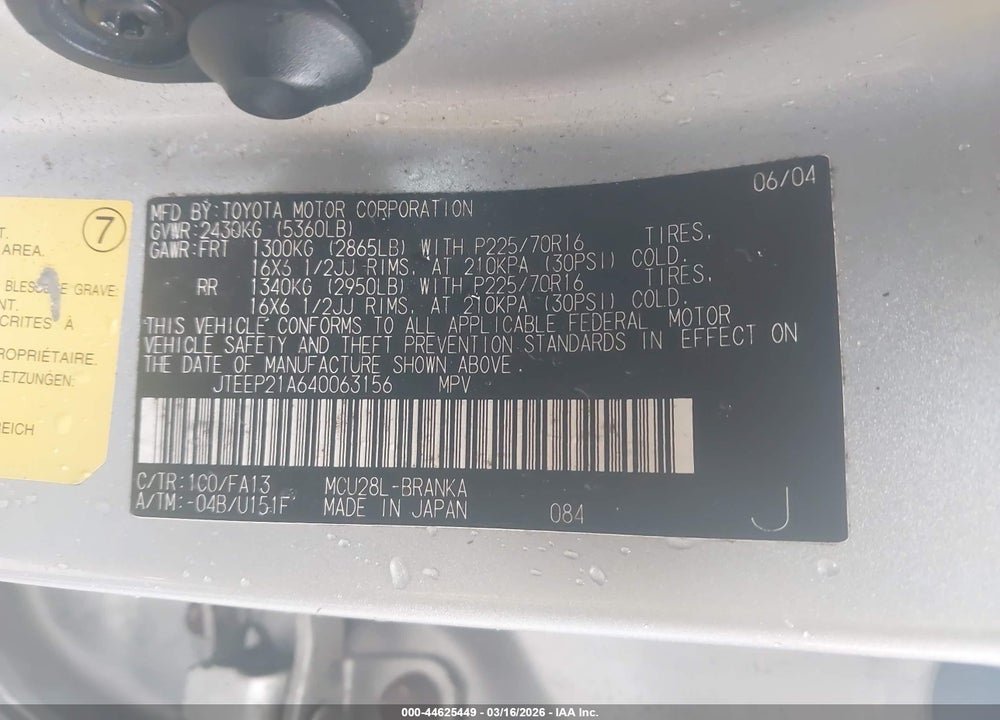 2004 TOYOTA HIGHLANDER V6 VIN: JTEEP21A640063156