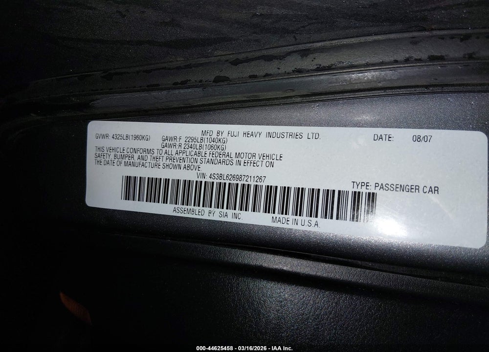 2008 SUBARU LEGACY 2.5I LIMITED VIN: 4S3BL626987211267