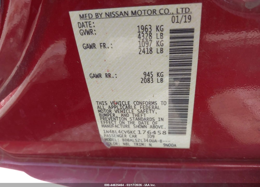 2019 NISSAN ALTIMA 2.5 SR VIN: 1N4BL4CV6KC176458