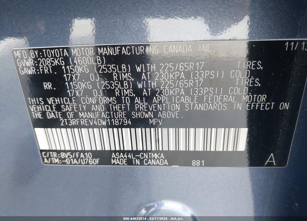 2013 TOYOTA RAV4 XLE VIN: 2T3RFREV4DW118794