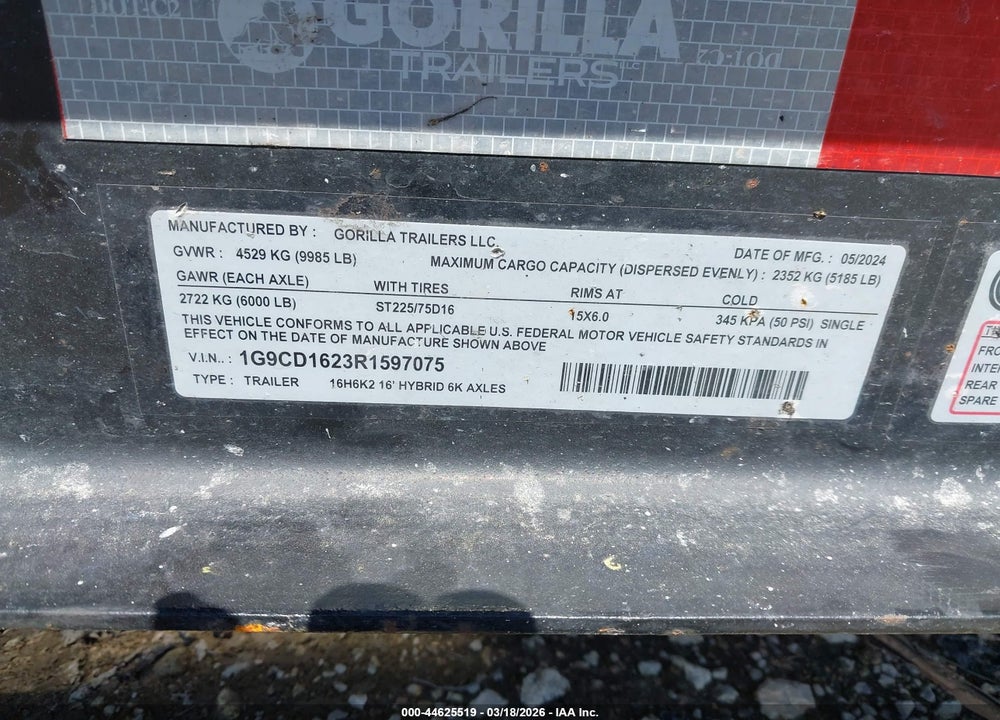 2024 TRAILER GORILLA 16' DUMP VIN: 1G9CD1623R1597075