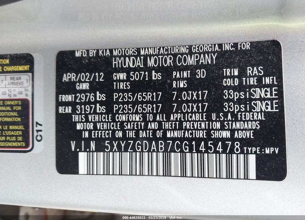 2012 HYUNDAI SANTA FE GLS VIN: 5XYZGDAB7CG145478