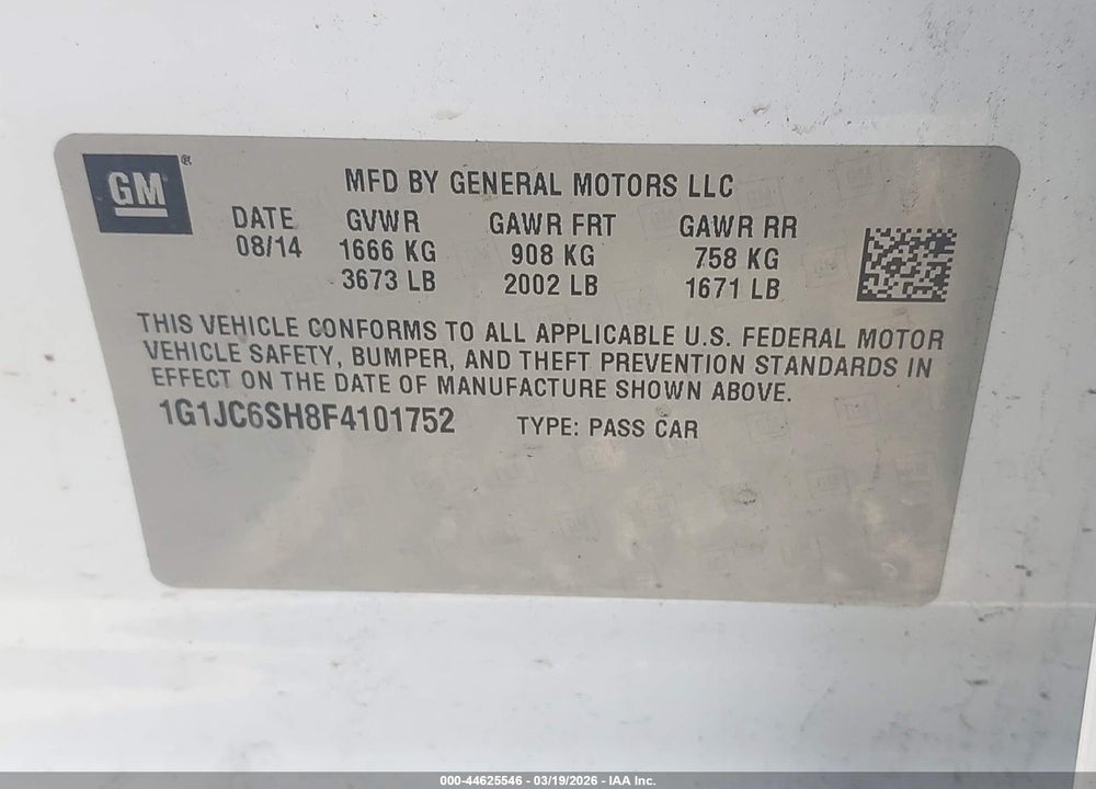 2015 CHEVROLET SONIC LT AUTO VIN: 1G1JC6SH8F4101752