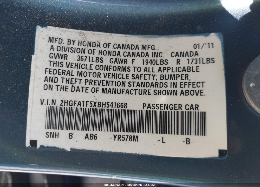 2011 HONDA CIVIC LX VIN: 2HGFA1F5XBH541668