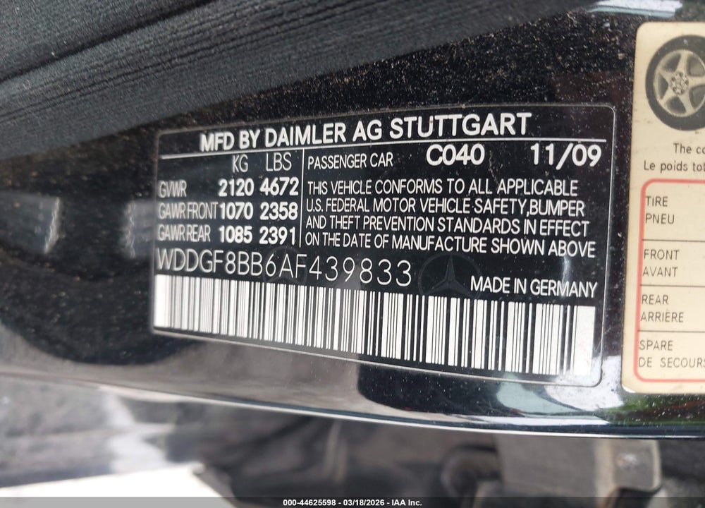 2010 MERCEDES-BENZ C 300 4MATIC VIN: WDDGF8BB6AF439833