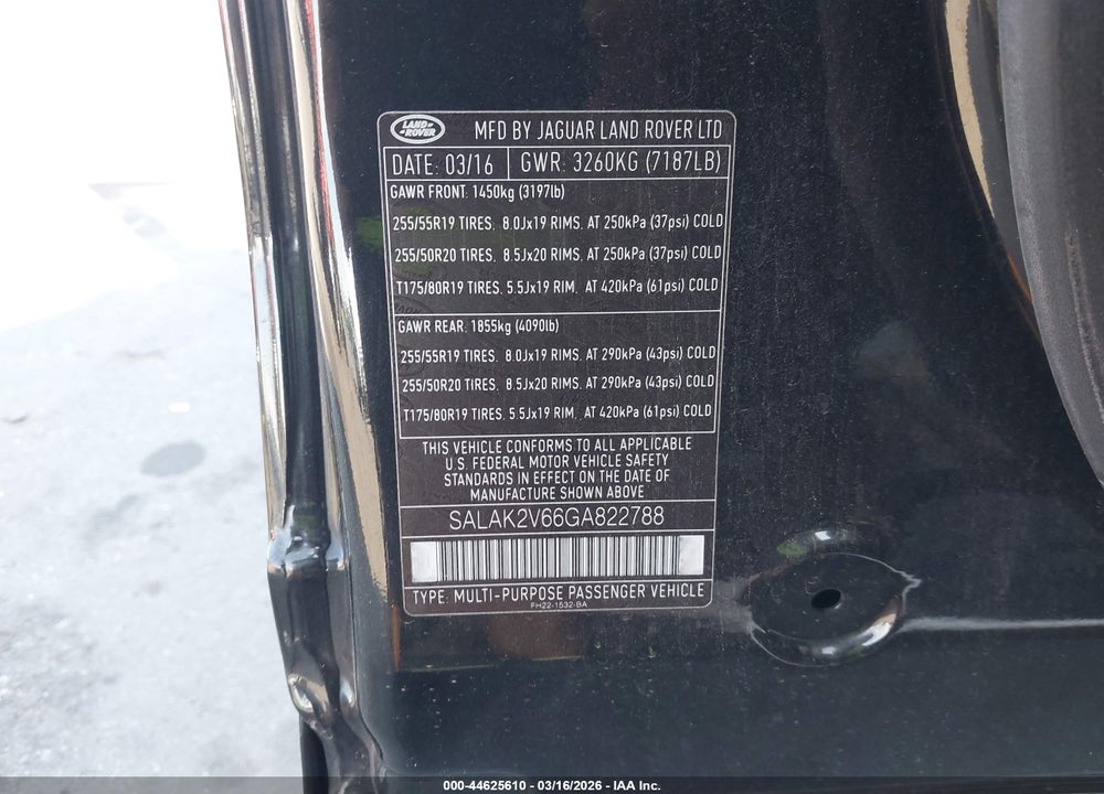 2016 LAND ROVER LR4 VIN: SALAK2V66GA822788