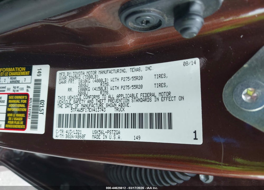 2014 TOYOTA TUNDRA 1794 5.7L V8 VIN: 5TFAW5F17EX413743