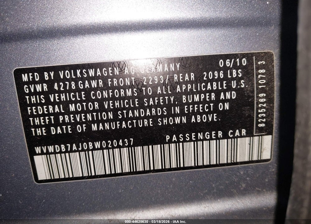 2011 VOLKSWAGEN GOLF 2.5L 4-DOOR VIN: WVWDB7AJ0BW020437