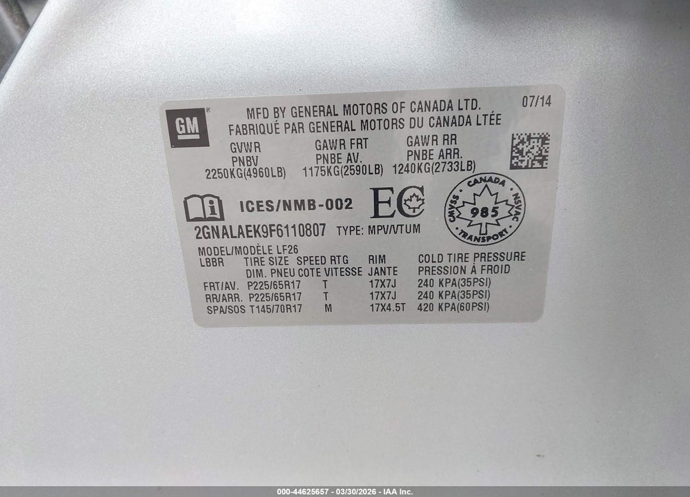 2015 CHEVROLET EQUINOX LS VIN: 2GNALAEK9F6110807