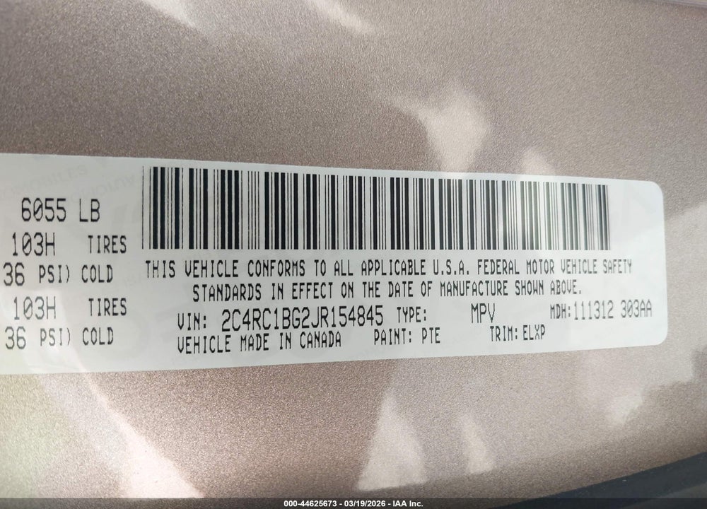 2018 CHRYSLER PACIFICA TOURING L VIN: 2C4RC1BG2JR154845