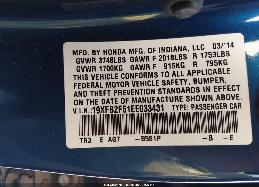 2014 HONDA CIVIC LX VIN: 19XFB2F51EE033431