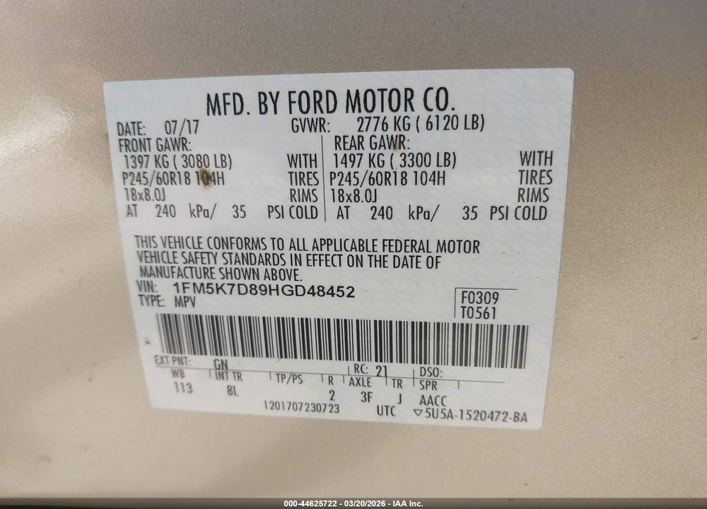 2017 FORD EXPLORER XLT VIN: 1FM5K7D89HGD48452
