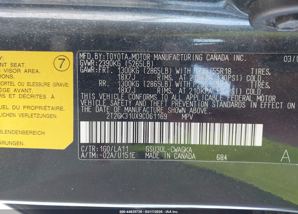 2009 LEXUS RX 350 VIN: 2T2GK31UX9C061169