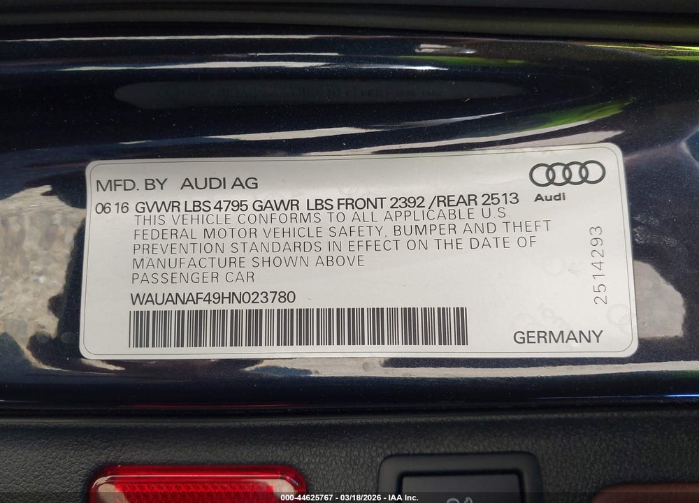 2017 AUDI A4 2.0T PREMIUM VIN: WAUANAF49HN023780