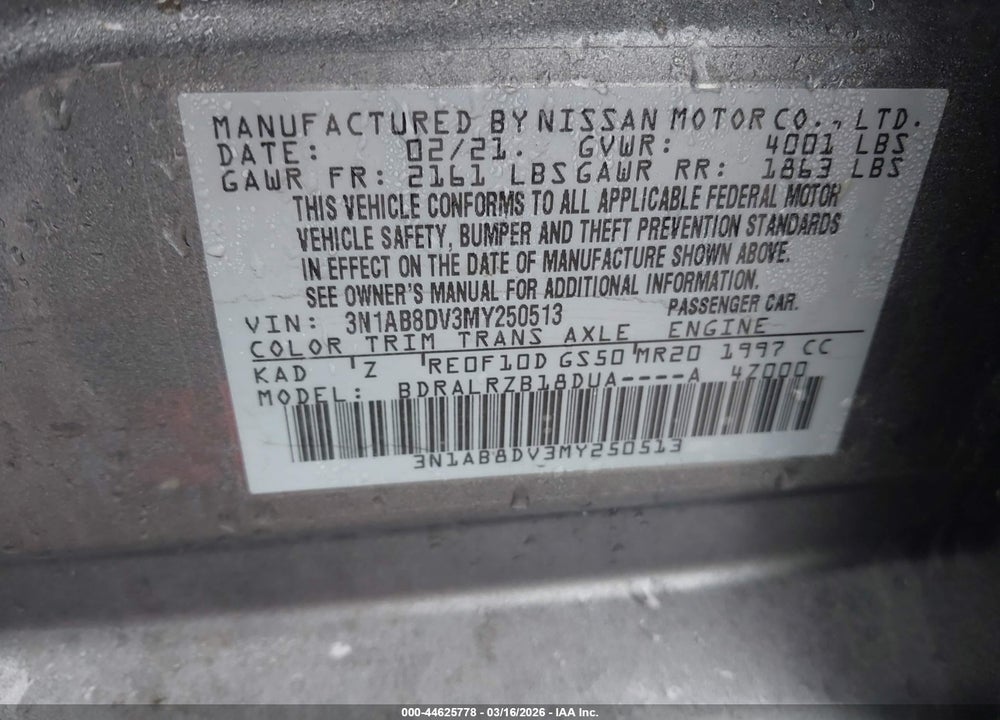 2021 NISSAN SENTRA SR XTRONIC CVT VIN: 3N1AB8DV3MY250513